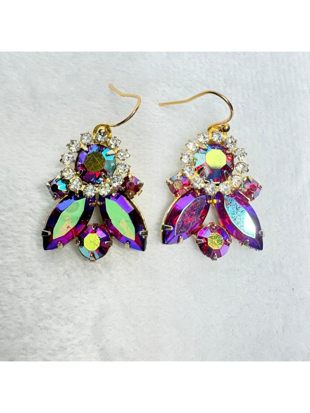 Vintage Red AB Rhinestone Cluster Earrings • Converted to Pierced Dangles